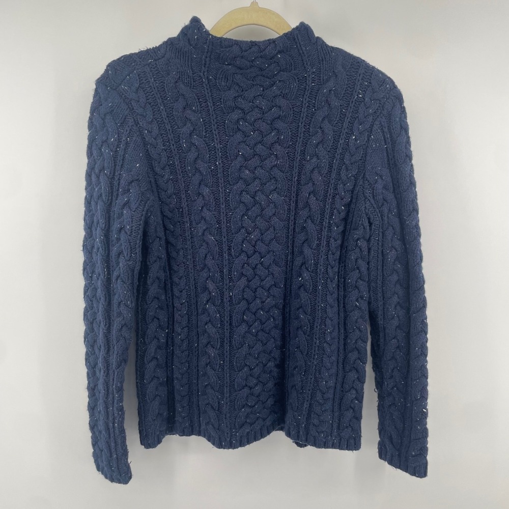Lands End Cable Knit Sweater Womens S Navy Blue Flecked Mock Neck Pullover